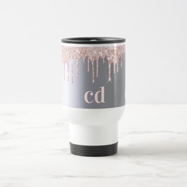Silver rose gold glitter drips monogram travel mug (Center)