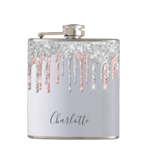 Silver rose gold glitter drips pink monogram hip flask