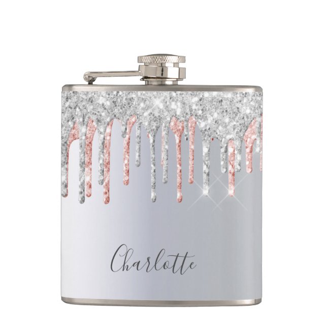 Silver rose gold glitter drips pink monogram hip flask (Front)