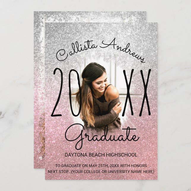 Silver Rose Gold Glitter Ombre Photo Graduation Announcement (Front/Back)