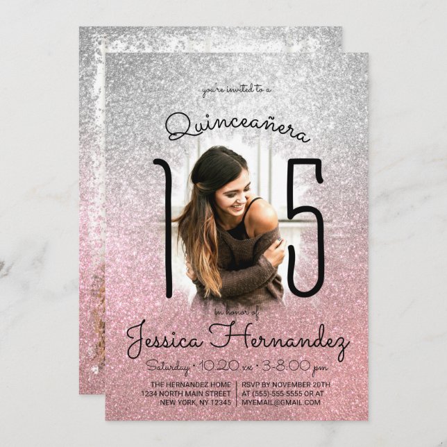 Silver Rose Gold Glitter Ombre Photo Quinceañera Invitation (Front/Back)