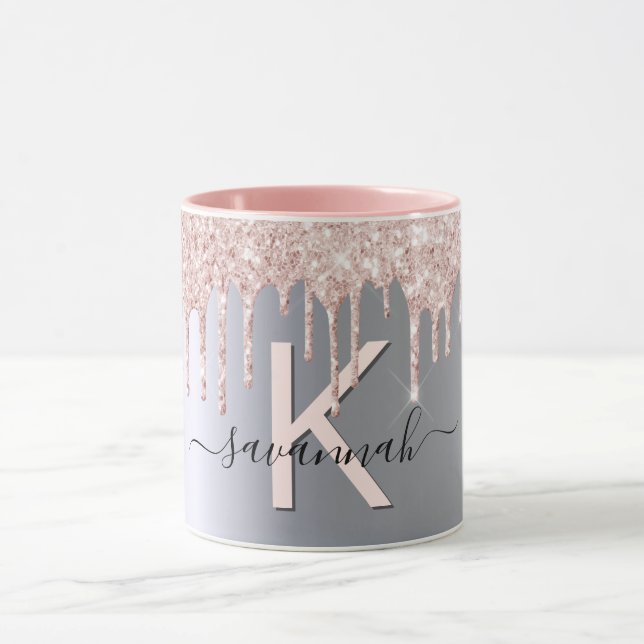 Silver rose gold glitter pink monogram sparkle mug (Center)