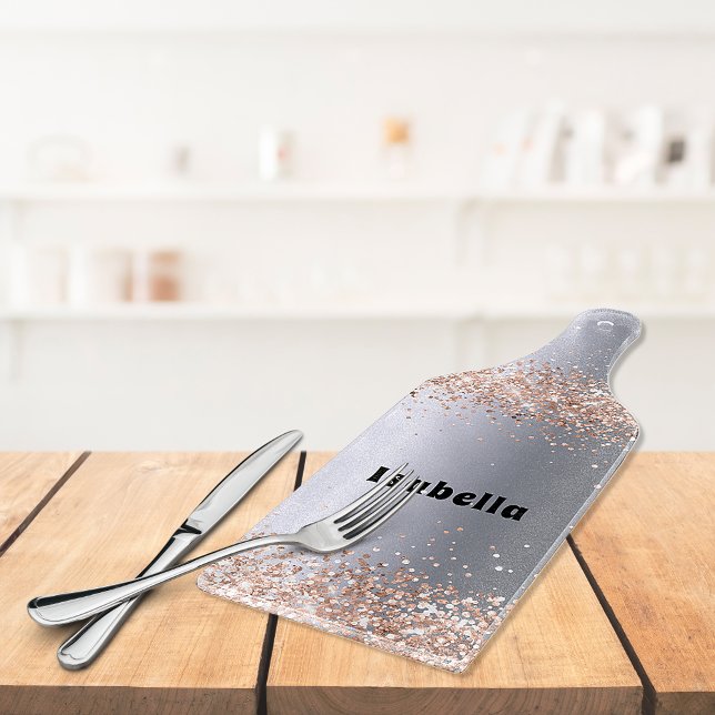 Silver rose gold glitter sparkles name cutting board (Creator Uploaded)