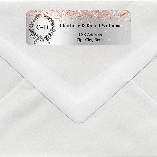 Silver rose gold initials wedding return address label (Creator Uploaded)