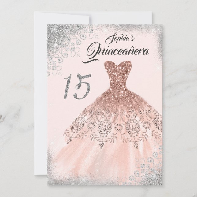 Silver Rose Gold Lace Diamond Gown Quinceanera Invitation (Front)
