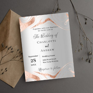 Silver rose gold marble budget wedding invitation