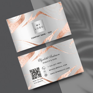 Silver rose gold marble QR code corporate logo Business Card