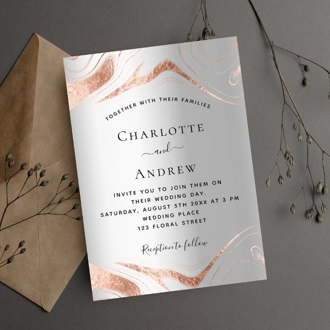 Silver rose gold marble wedding invitation (Creator Uploaded)