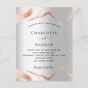 Silver rose gold marble wedding invitation postcard
