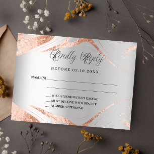 Silver rose gold marble wedding response RSVP Card