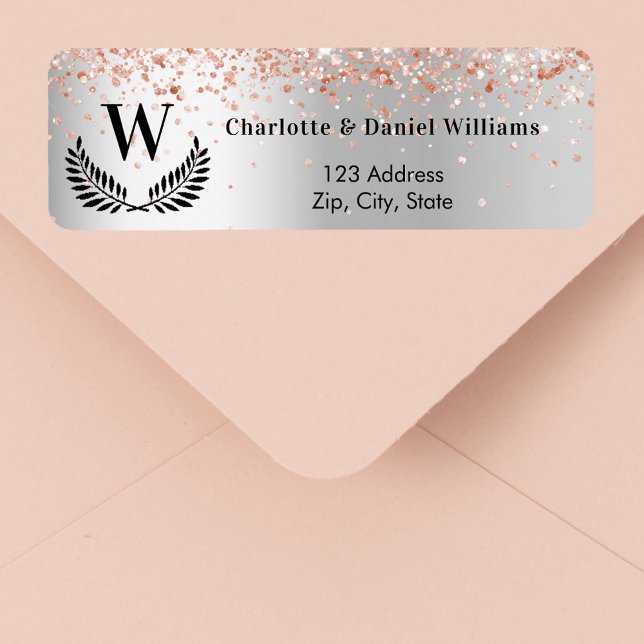 Silver rose gold monogram return address return address label (Creator Uploaded)