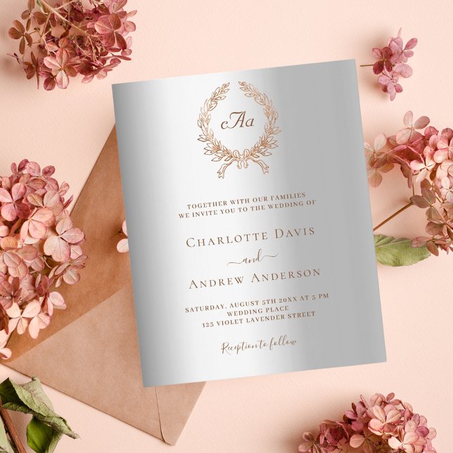Silver rose gold monogram wedding invitation (Creator Uploaded)