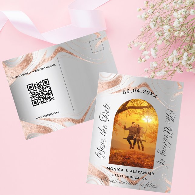 Silver rose gold photo QR wedding save the date Announcement Postcard (Creator Uploaded)