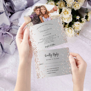 Silver rose gold photo wedding all in one invitation