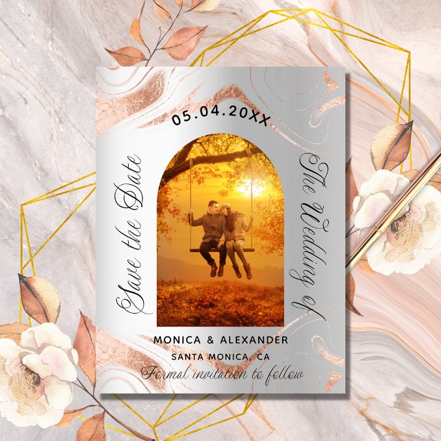 Silver rose gold photo wedding save the date announcement postcard (Creator Uploaded)