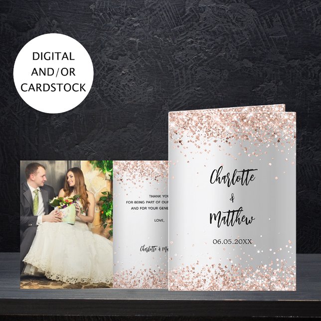 Silver rose gold photo wedding thank you card (Creator Uploaded)
