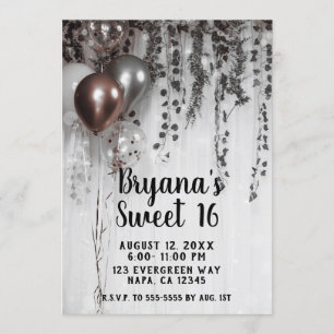 Silver & Rose Gold Pink Balloons Ivy Sweet 16 Invitation