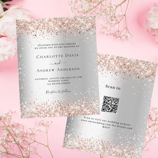 Silver rose gold QR RSVP budget wedding invitation (Creator Uploaded)