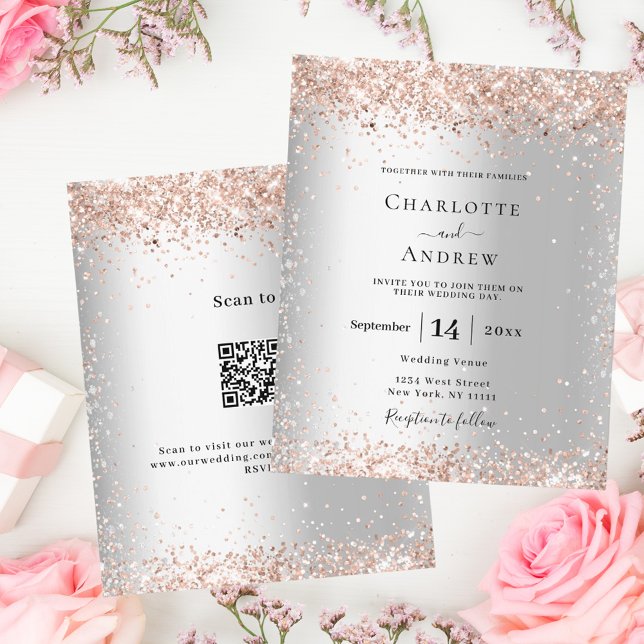 Silver rose gold QR RSVP budget wedding invitation (Creator Uploaded)