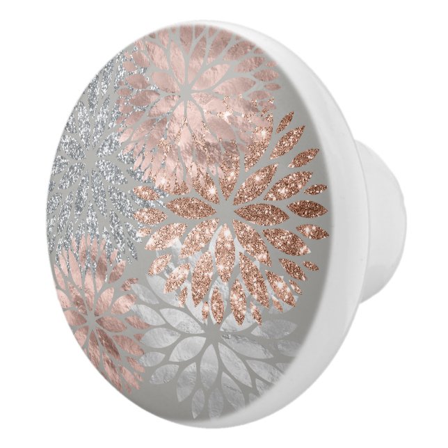 Silver Rose Gold Shimmer Sparkle Dahlia Flowers Ceramic Knob (Right)