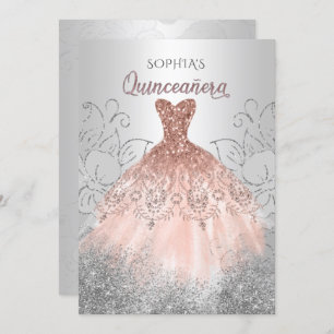Silver Rose Gold Sparkle Dress Quinceañera Quince Invitation