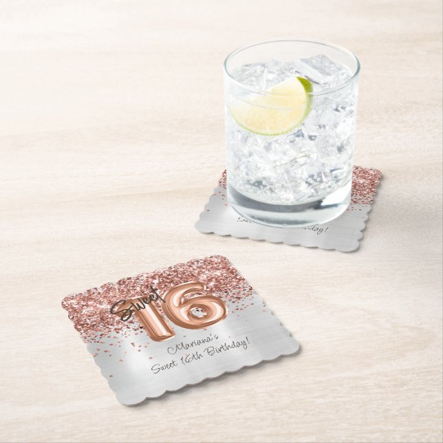  Silver Rose Gold Sweet 16th Birthday Party Paper Coaster (Insitu)