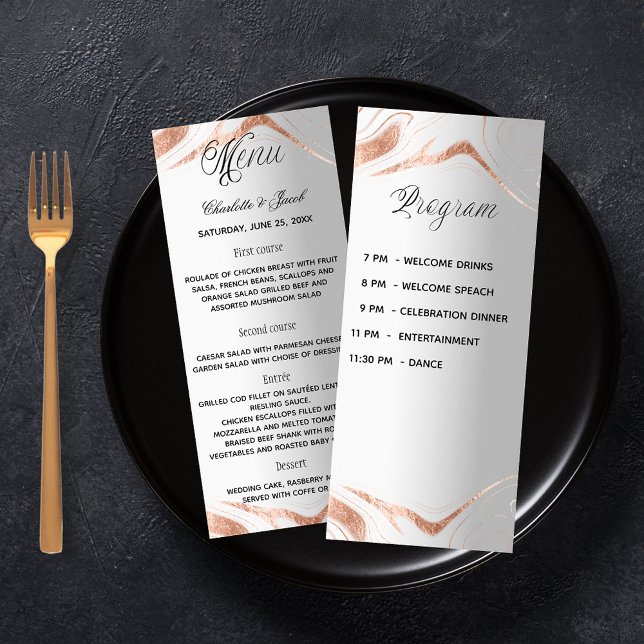 Silver rose gold wedding dinner menu program card (Creator Uploaded)