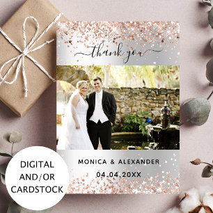 Silver rose gold wedding photo thank you card