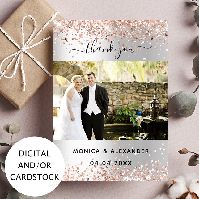 Silver rose gold wedding photo thank you card (Creator Uploaded)