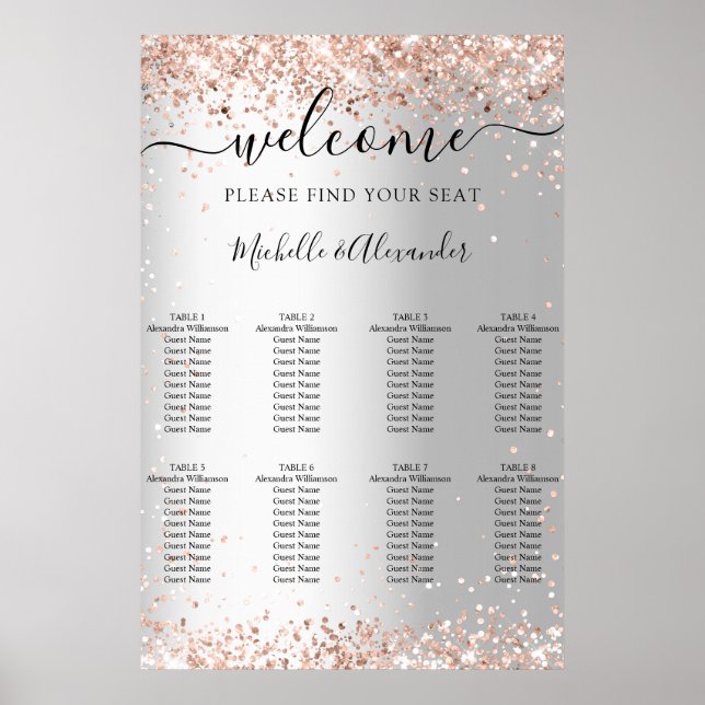 Silver rose gold wedding seating chart (Front)