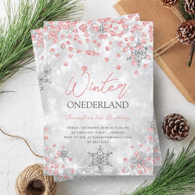 Silver Rose Gold Winter ONEDERLAND 1st Birthday Invitation (Silver Rose Gold Winter ONEDERLAND 1st Birthday Invitation)