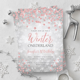 Silver Rose Gold Winter ONEDERLAND 1st Birthday Invitation