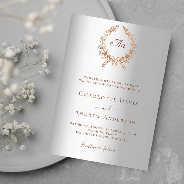 Silver rose gold wreath monogram luxury wedding invitation (Creator Uploaded)