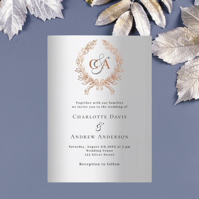 Silver rose gold wreath monogram luxury wedding invitation (Creator Uploaded)