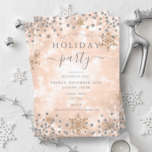 Silver Rose Gold Xmas Winter Company Holiday Party Invitation (Silver Rose Gold Xmas Winter Company Holiday Party Invitation)