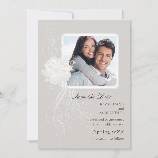 Silver Rose Photo Save the Date Announcement (Front)