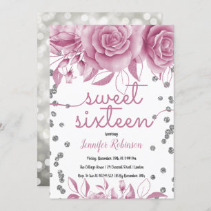 Silver Rose Pink Sweet 16   Floral Glitter Lights Invitation