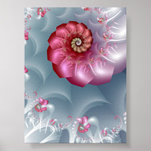 Silver Rose Spiral Fractal in Pink and Grey Poster