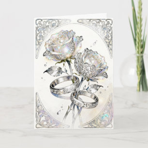Silver Roses and Rings 25th Wedding Anniversary Card