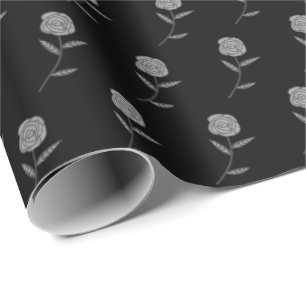 Silver Roses Ditsy Floral Black Holiday Gift Wrapping Paper
