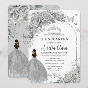 Silver Roses Floral Quinceanera Sweet 16 Birthday Invitation