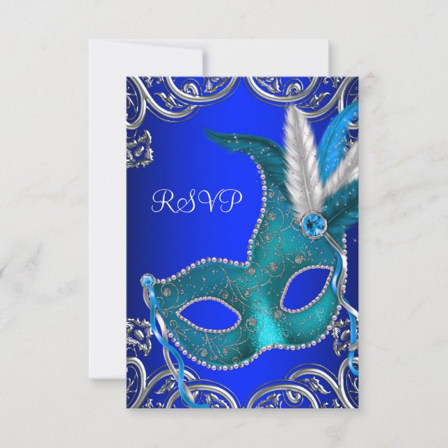 Silver Royal and Teal Blue Masquerade Party RSVP (Front)