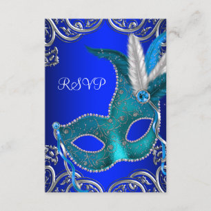 Silver Royal and Teal Blue Masquerade Party RSVP Card