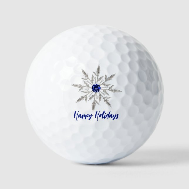Silver Royal Blue Crystal Snowflake Happy Holidays Golf Balls (Front)