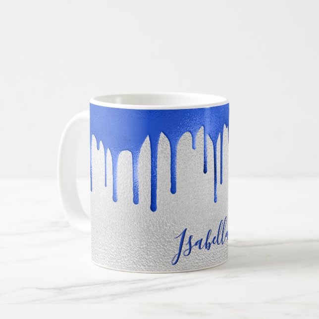 Silver royal blue drips name coffee mug (Front Left)