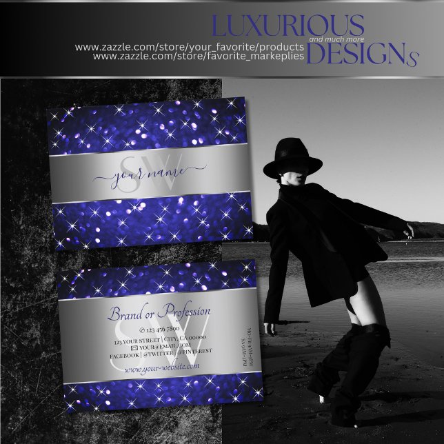 Silver Royal Blue Glitter Sparkle Stars Initials Business Card (Creator Uploaded)