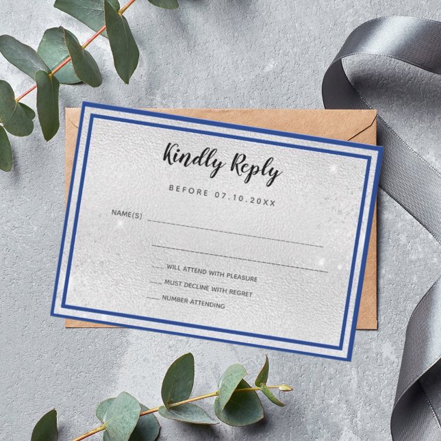 Silver royal blue metal elegant bow wedding RSVP Card (Creator Uploaded)