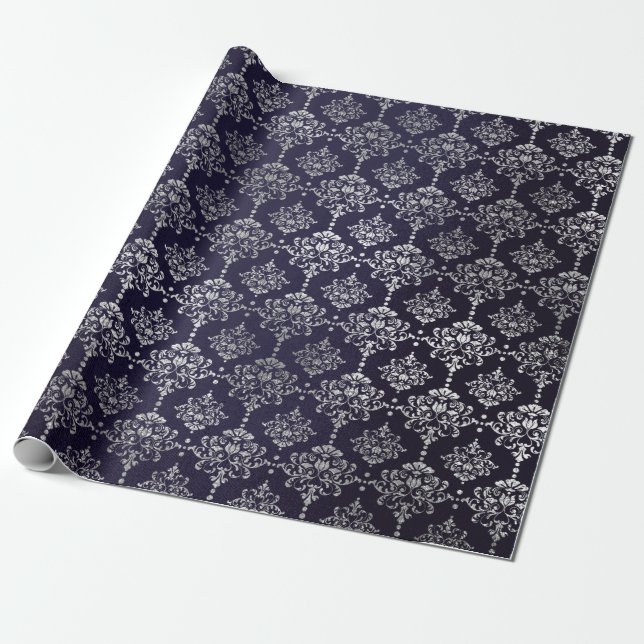 Silver Royal Blue Navy Grey Floral Damask Vip Wrapping Paper (Unrolled)