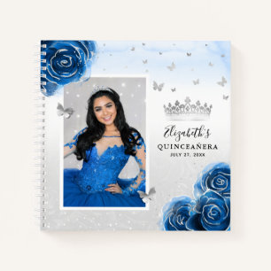 Silver Royal Blue Roses Photo Quinceanera Guest Notebook