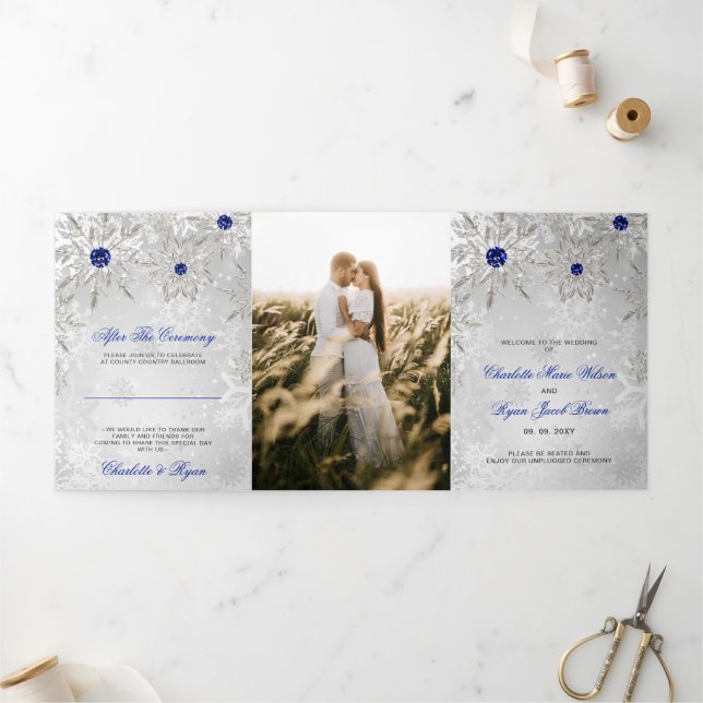 Silver Royal Blue Snowflake Winter Wedding  Tri-Fold Programme (Outside)